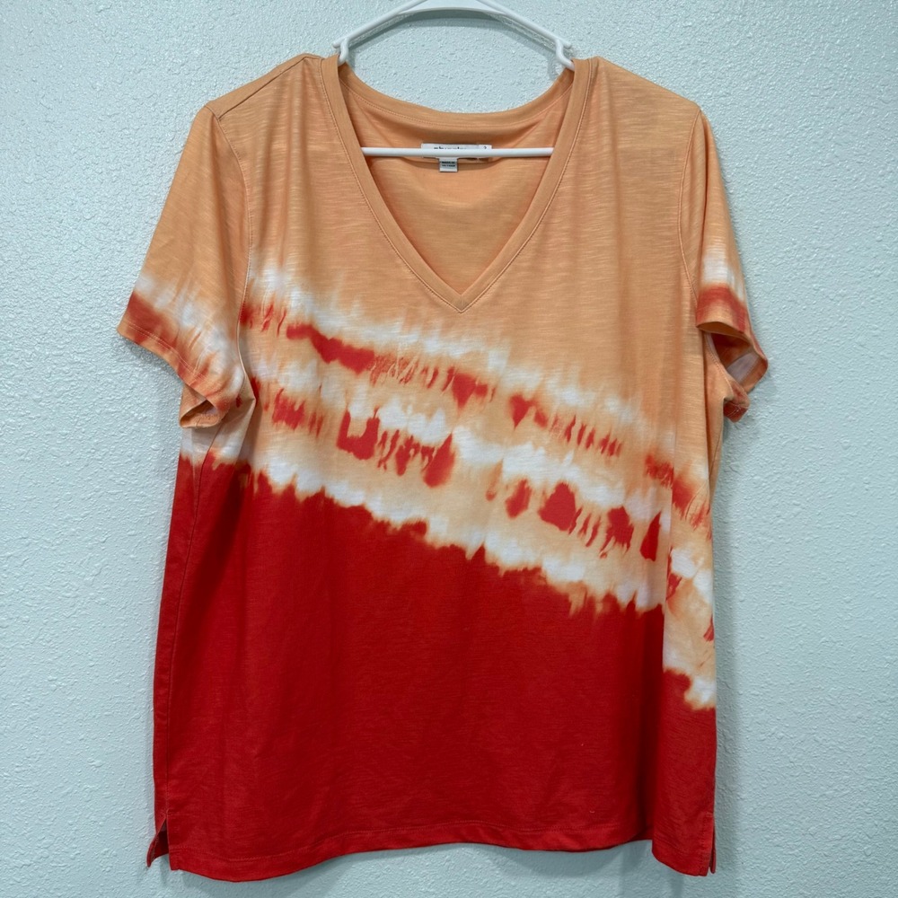 Chicos Orange Red Tie Dye V-Neck Slub Knit Short Sleeve Top Size 2 L